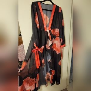 Black and Pink Rose Sheer Flowing Bathing Suit Cover-up